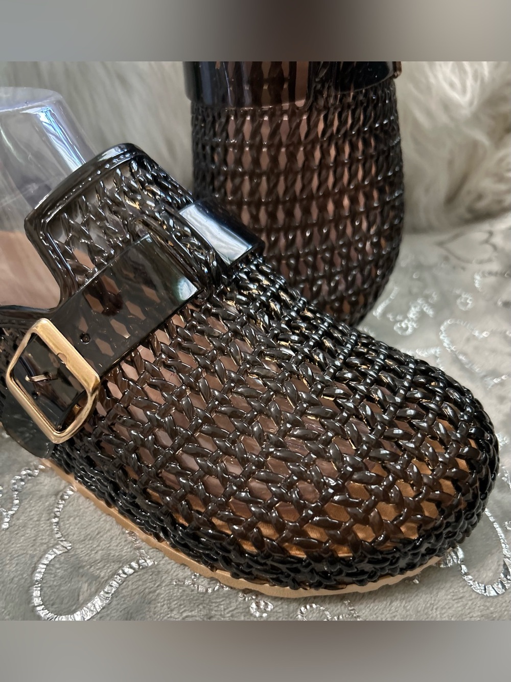 NWT Charles Albert Size 10, Black, Jelly Top Woven Buckle Mules - Picture 3 of 5